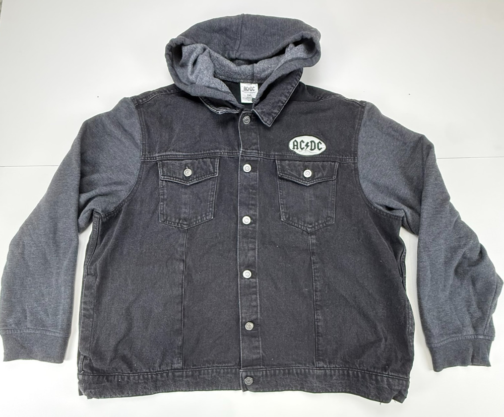 AC/DC Mens 2XL Black Denim Hooded Jacket Back In Black 1980 Graphic Rock Band
